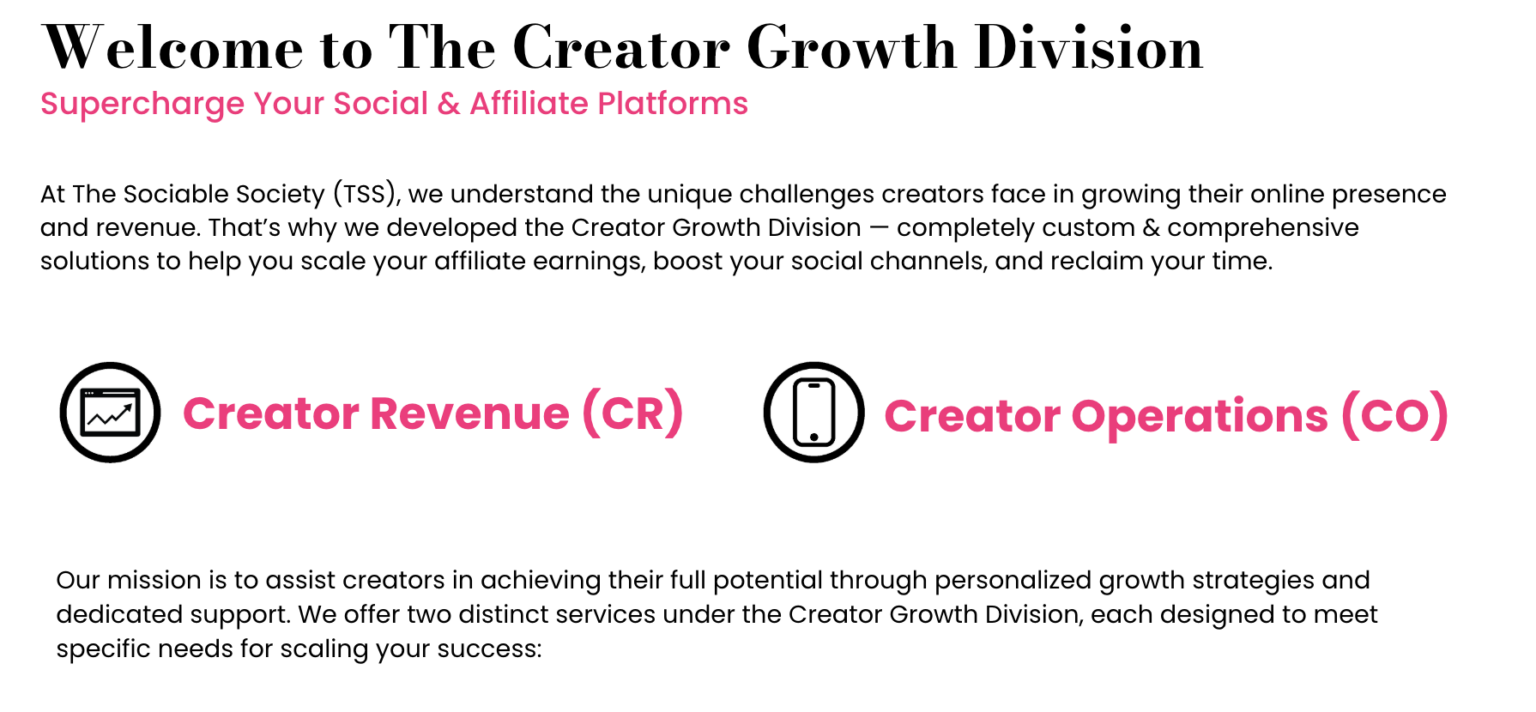 A summary of the Creator Growth Division at The Sociable Society